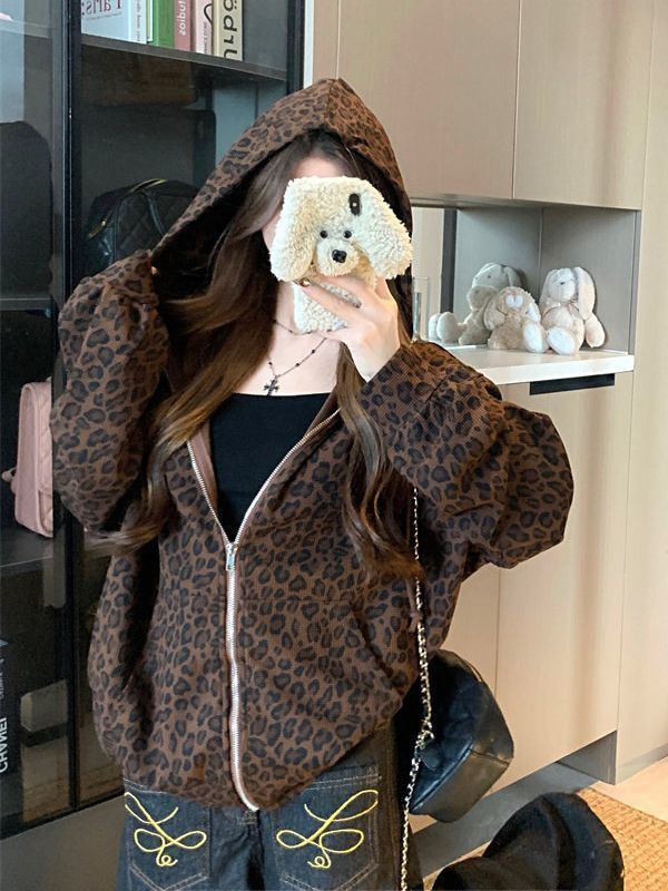 Női kapucnis pulóver leopard mintával, hosszú ujjú, tavaszi casual felső, amerikai retro stílusú