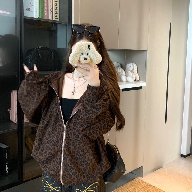 Női kapucnis pulóver leopard mintával, hosszú ujjú, tavaszi casual felső, amerikai retro stílusú