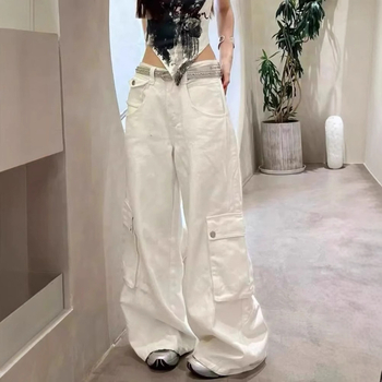 Han Niu Őszi új női denim nadrág, magas derék, egyenes szabás, fehér
