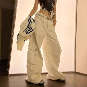 Han Niu Őszi új női denim nadrág, magas derék, egyenes szabás, fehér