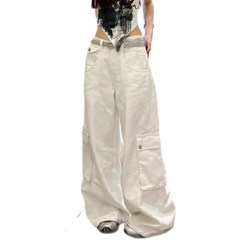 Han Niu Őszi új női denim nadrág, magas derék, egyenes szabás, fehér
