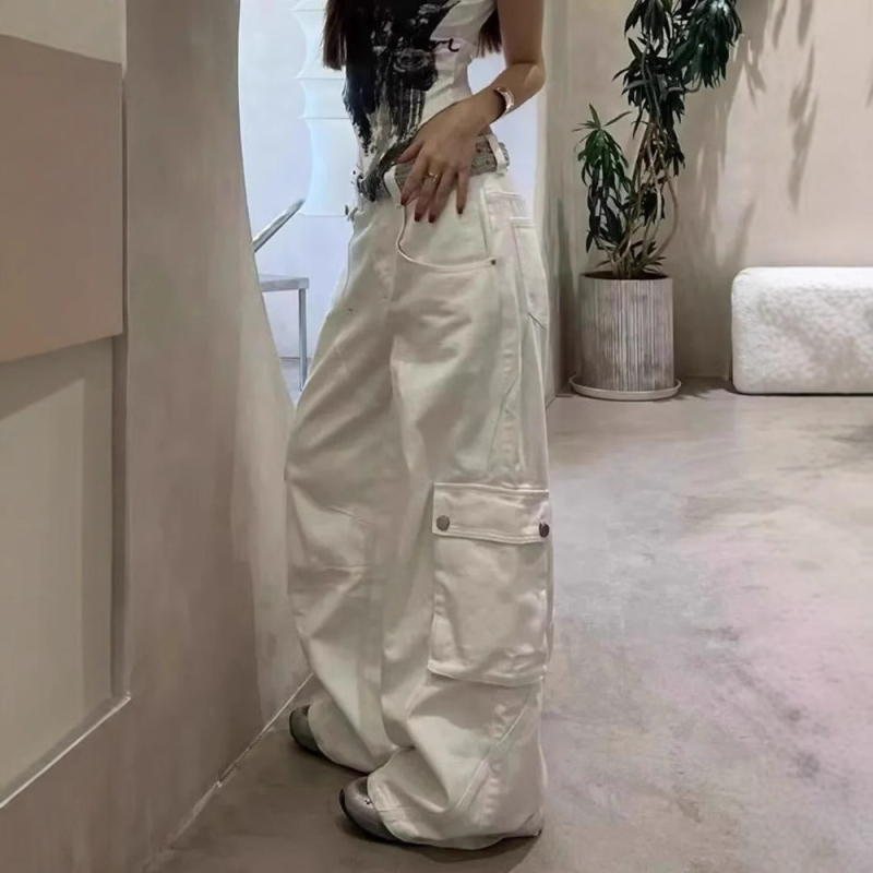 Han Niu Őszi új női denim nadrág, magas derék, egyenes szabás, fehér
