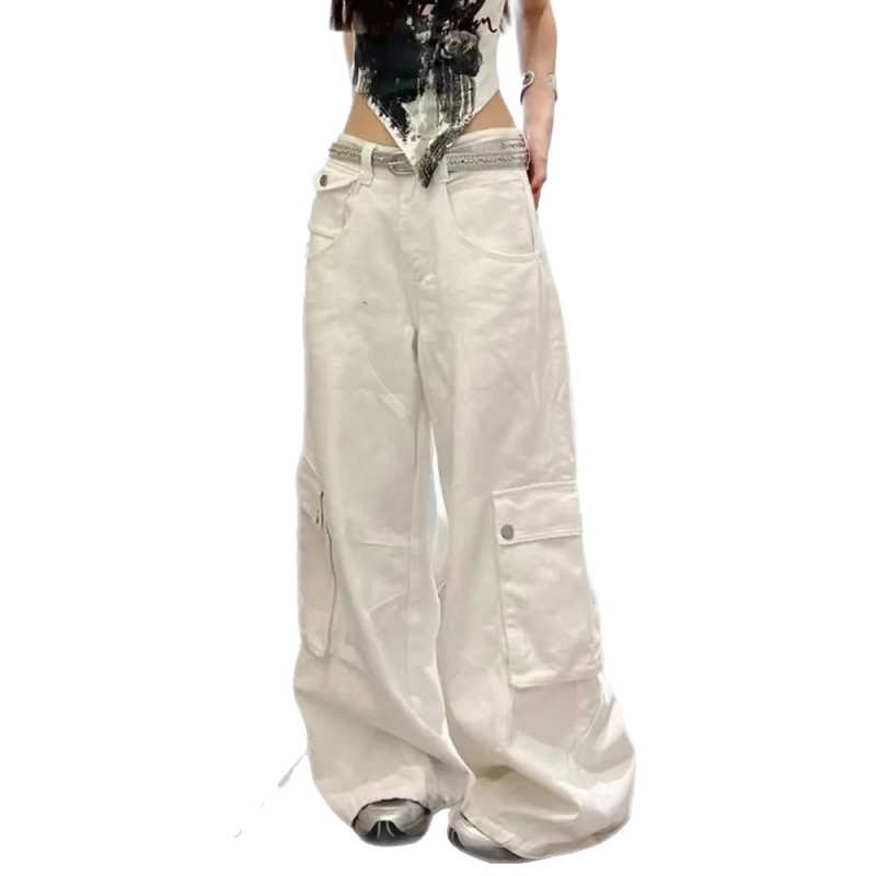 Han Niu Őszi új női denim nadrág, magas derék, egyenes szabás, fehér