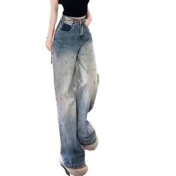 Női amerikai stílusú széles lábú farmer, magas derekú, egyenes szabás, mosott denim, köves díszítés gradiensek