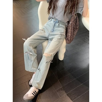 Női denim farmernadrág, magas derekú, laza szabás, széles szárú, földig érő