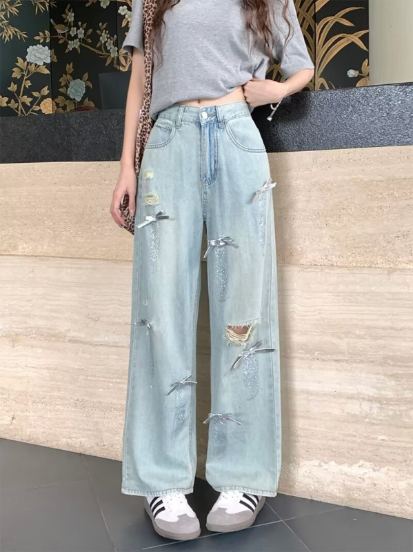 Női denim farmernadrág, magas derekú, laza szabás, széles szárú, földig érő
