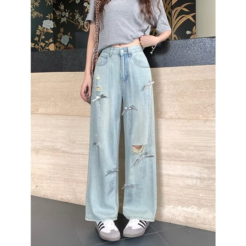 Női denim farmernadrág, magas derekú, laza szabás, széles szárú, földig érő