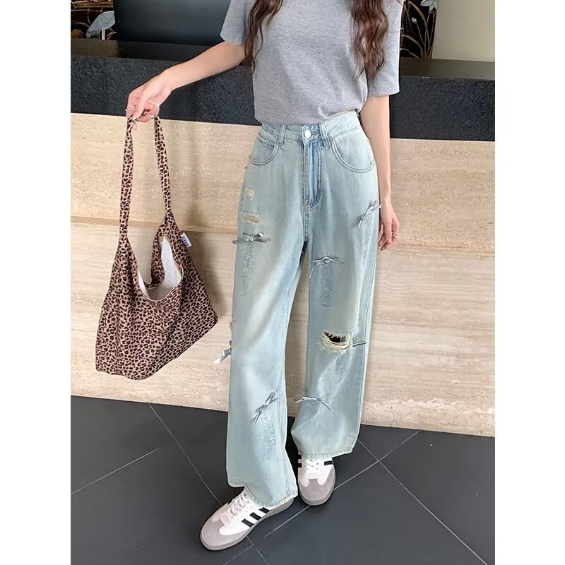 Női denim farmernadrág, magas derekú, laza szabás, széles szárú, földig érő