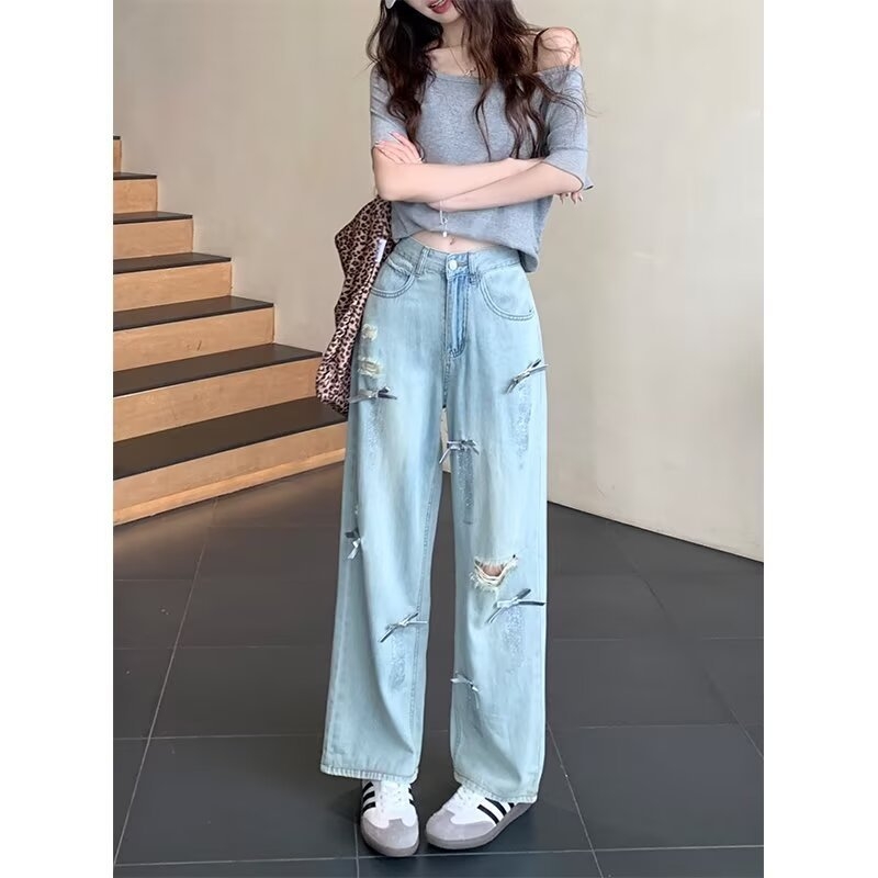 Női denim farmernadrág, magas derekú, laza szabás, széles szárú, földig érő