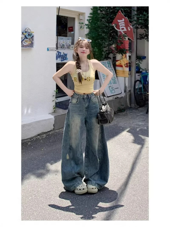 Amerikai retro magas derékú farmernadrág nőknek, széles lábszár, kopott részletekkel, padlóig érő hosszúság