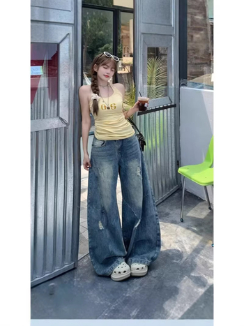 Amerikai retro magas derékú farmernadrág nőknek, széles lábszár, kopott részletekkel, padlóig érő hosszúság