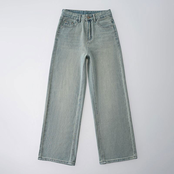 Női padlóig érő denim farmer, körte alakú testtípus, magas derék, kontrasztos hímzés, laza, széles szárú, egyenes szabás