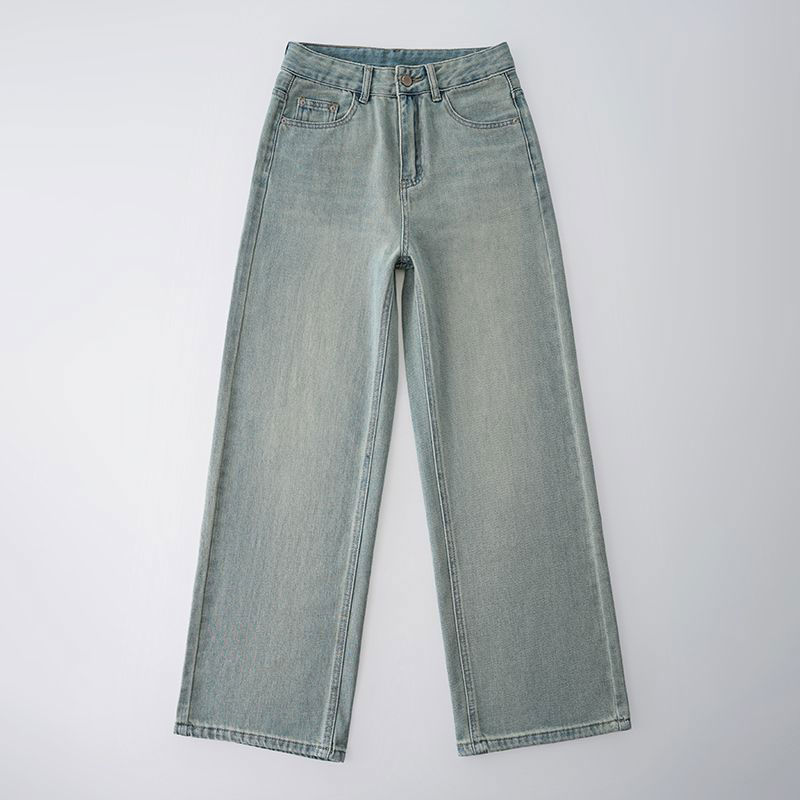 Női padlóig érő denim farmer, körte alakú testtípus, magas derék, kontrasztos hímzés, laza, széles szárú, egyenes szabás