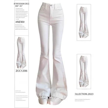 Fehér elasztikus női farmernadrág, enyhén bővülő lábszárú bootcut fazon, 2025 ősz, új stílus, karcsúsító hatás, sokoldalú, testhez álló, padlót érő hossz