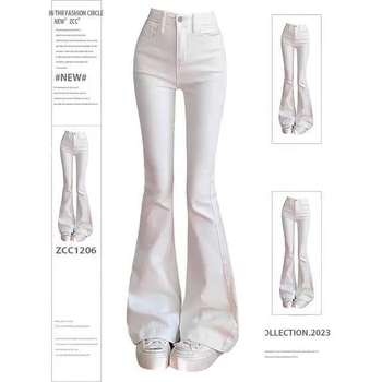 Fehér elasztikus női farmernadrág, enyhén bővülő lábszárú bootcut fazon, 2025 ősz, új stílus, karcsúsító hatás, sokoldalú, testhez álló, padlót érő hossz
