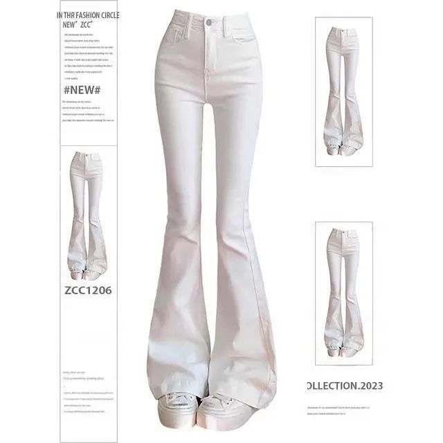 Fehér elasztikus női farmernadrág, enyhén bővülő lábszárú bootcut fazon, 2025 ősz, új stílus, karcsúsító hatás, sokoldalú, testhez álló, padlót érő hossz