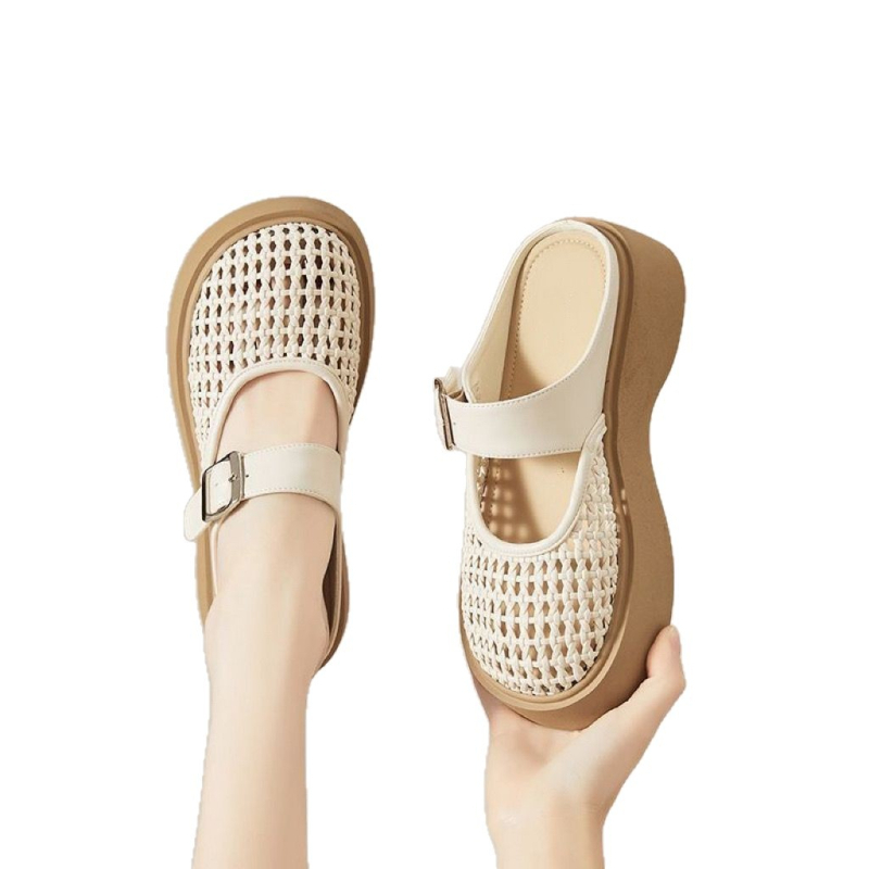 Mule feminin cu deget deschis, design perforat și respirabil, sandale slip-on cu toc gros, vară 2026