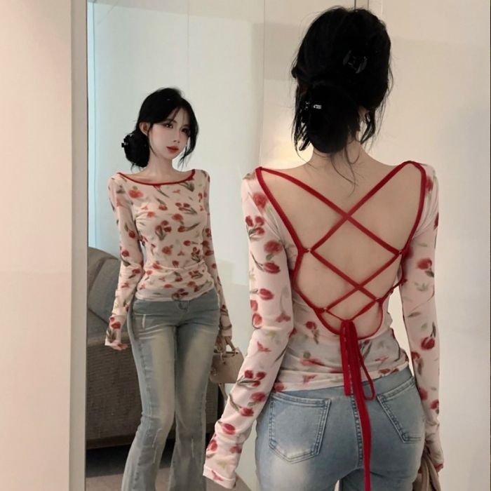 Top din plasă slim fit cu spate decupat, bretele în contrast, mâneci lungi, protecție solară, pentru femei
