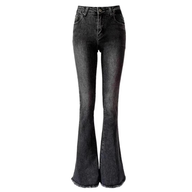 Női magas derékú szürkés micro-flare farmernadrág, rugalmas denim, rojtos széllel