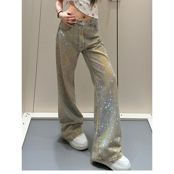 Női farmer nadrág denim anyagból teljes strassz díszítéssel, amerikai retro stílus, egyenes szabás, tavasz-nyár 2025