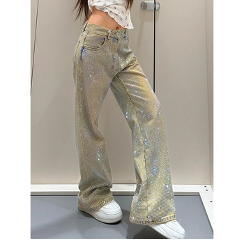 Női farmer nadrág denim anyagból teljes strassz díszítéssel, amerikai retro stílus, egyenes szabás, tavasz-nyár 2025