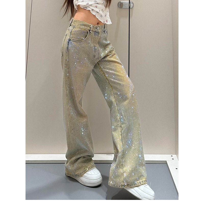 Női farmer nadrág denim anyagból teljes strassz díszítéssel, amerikai retro stílus, egyenes szabás, tavasz-nyár 2025