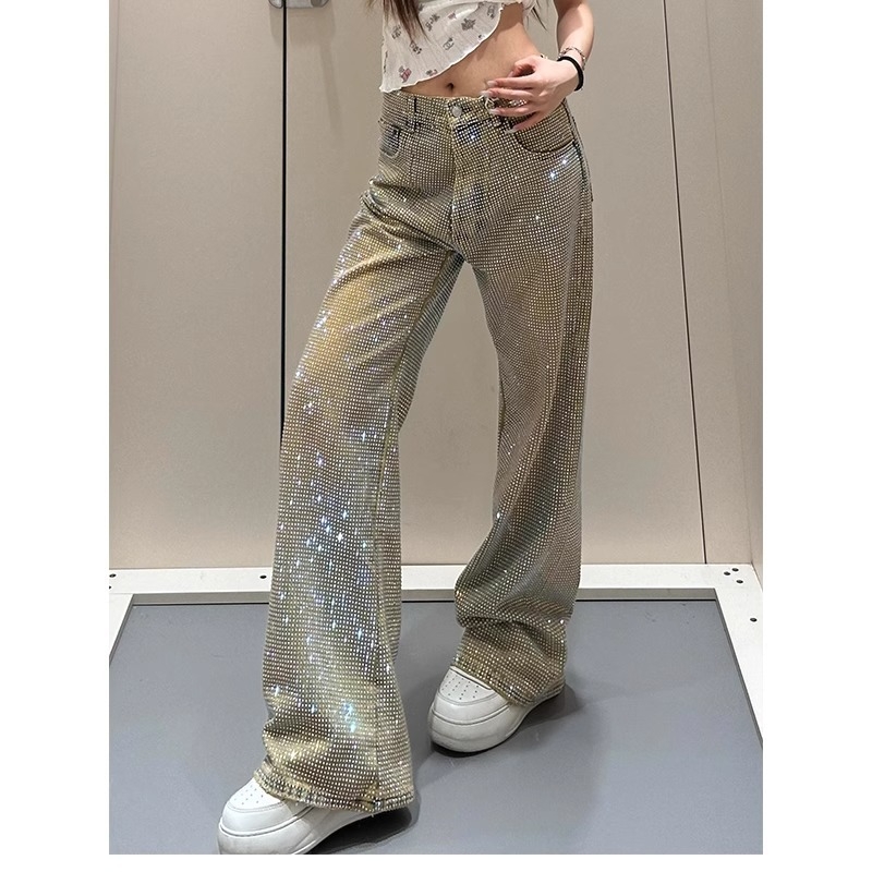 Női farmer nadrág denim anyagból teljes strassz díszítéssel, amerikai retro stílus, egyenes szabás, tavasz-nyár 2025