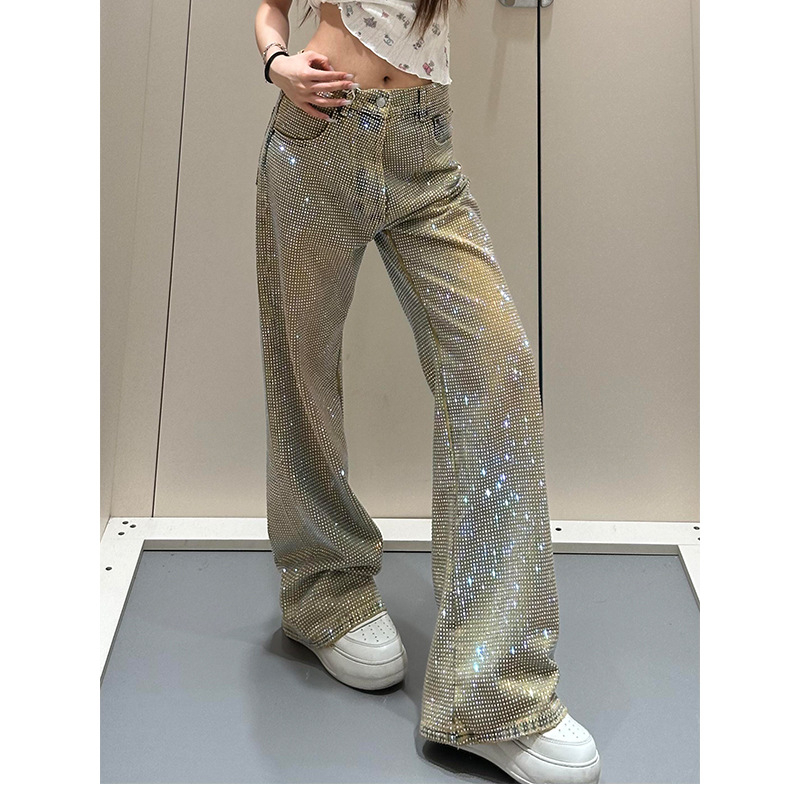 Női farmer nadrág denim anyagból teljes strassz díszítéssel, amerikai retro stílus, egyenes szabás, tavasz-nyár 2025