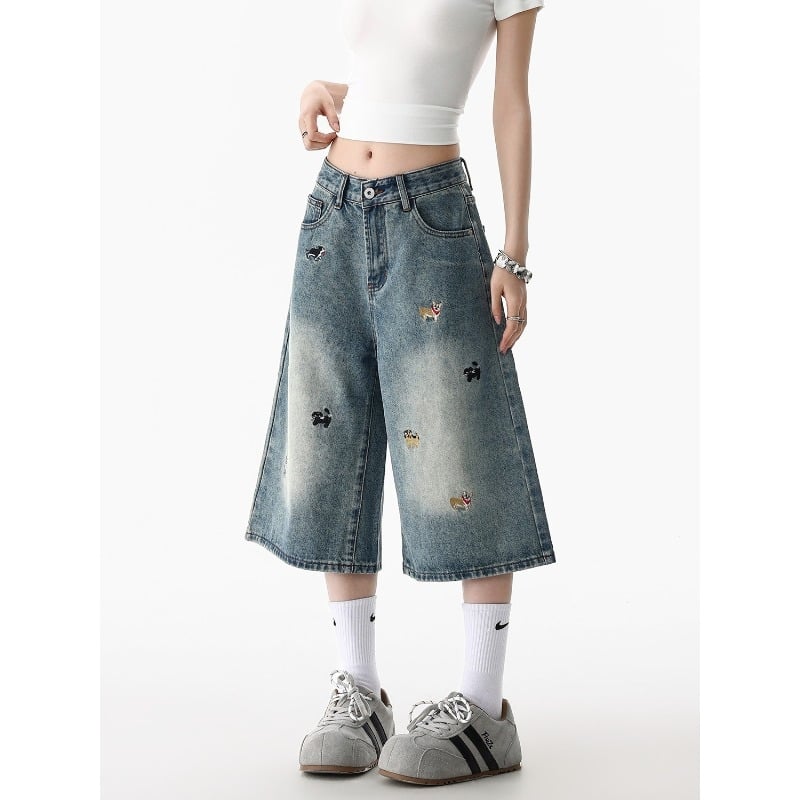 Γυναικείο τζιν με κέντημα σκύλου, αμερικανικό στυλ, ευρύ παντελόνι με κομμένο μήκος, χαμηλή μέση, άνετη ευθεία γραμμή
