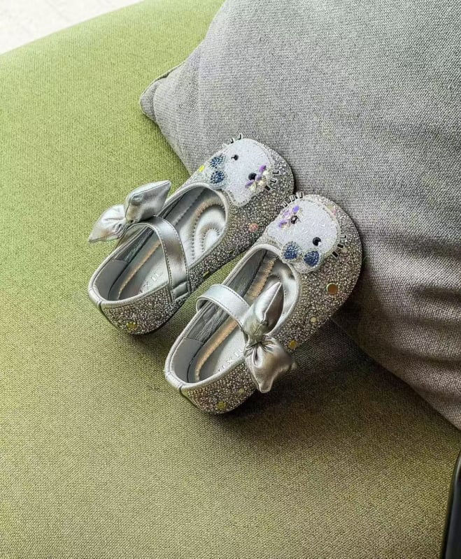 Pantofi balerina pentru fete, funda strălucitoare cu pietre și paiete, respirabili, talpă moale antiderapantă, închidere Velcro, stil prințesă
