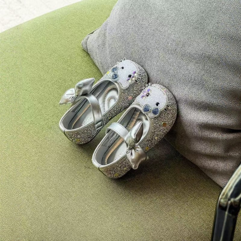 Pantofi balerina pentru fete, funda strălucitoare cu pietre și paiete, respirabili, talpă moale antiderapantă, închidere Velcro, stil prințesă