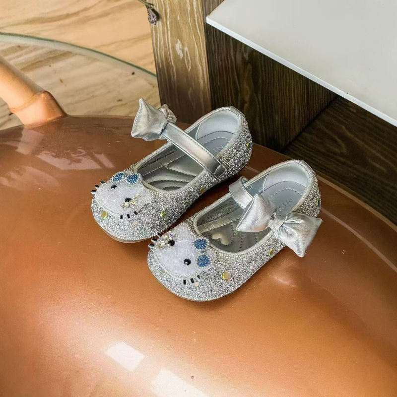 Pantofi balerina pentru fete, funda strălucitoare cu pietre și paiete, respirabili, talpă moale antiderapantă, închidere Velcro, stil prințesă
