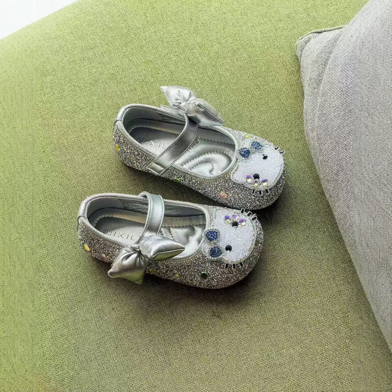 Pantofi balerina pentru fete, funda strălucitoare cu pietre și paiete, respirabili, talpă moale antiderapantă, închidere Velcro, stil prințesă