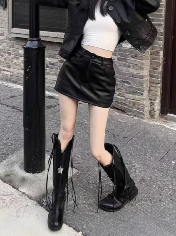 Fekete PU bőrminiszoknya magas derékkal, texturált A-line, bodycon fazon