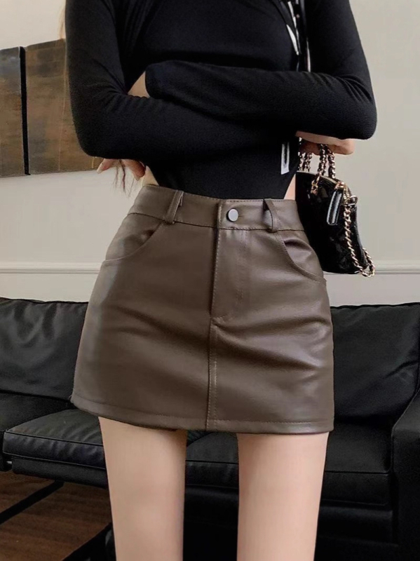 Fekete PU bőrminiszoknya magas derékkal, texturált A-line, bodycon fazon