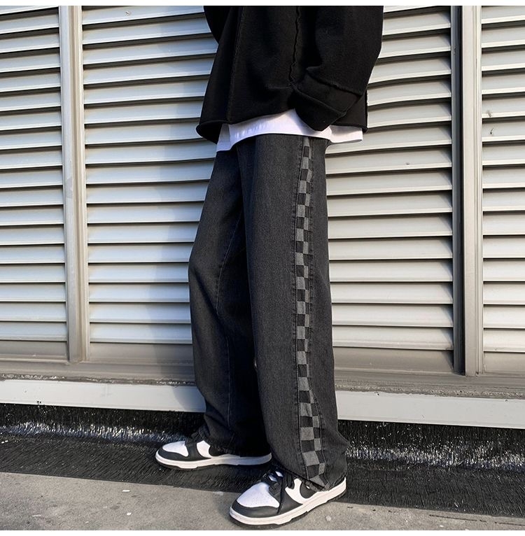 Férfi denimnadrág, amerikai street-stílus, oldalsó csík kockás mintával, egyenes szabás, őszi divat