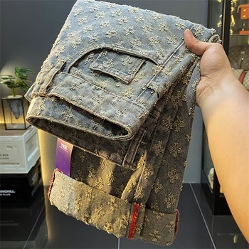Férfi denim nadrág mosott jacquard mintával, egyenes szabás, lazán, utcai stílus tavasz-ősz