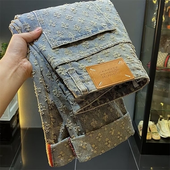 Férfi denim nadrág mosott jacquard mintával, egyenes szabás, lazán, utcai stílus tavasz-ősz