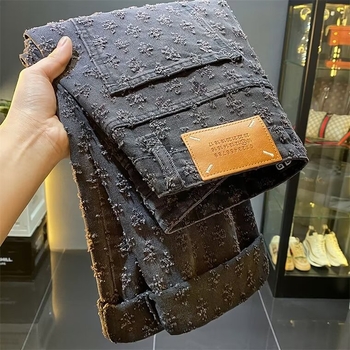 Férfi denim nadrág mosott jacquard mintával, egyenes szabás, lazán, utcai stílus tavasz-ősz