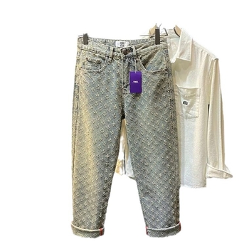 Férfi denim nadrág mosott jacquard mintával, egyenes szabás, lazán, utcai stílus tavasz-ősz