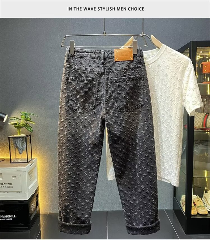 Férfi denim nadrág mosott jacquard mintával, egyenes szabás, lazán, utcai stílus tavasz-ősz
