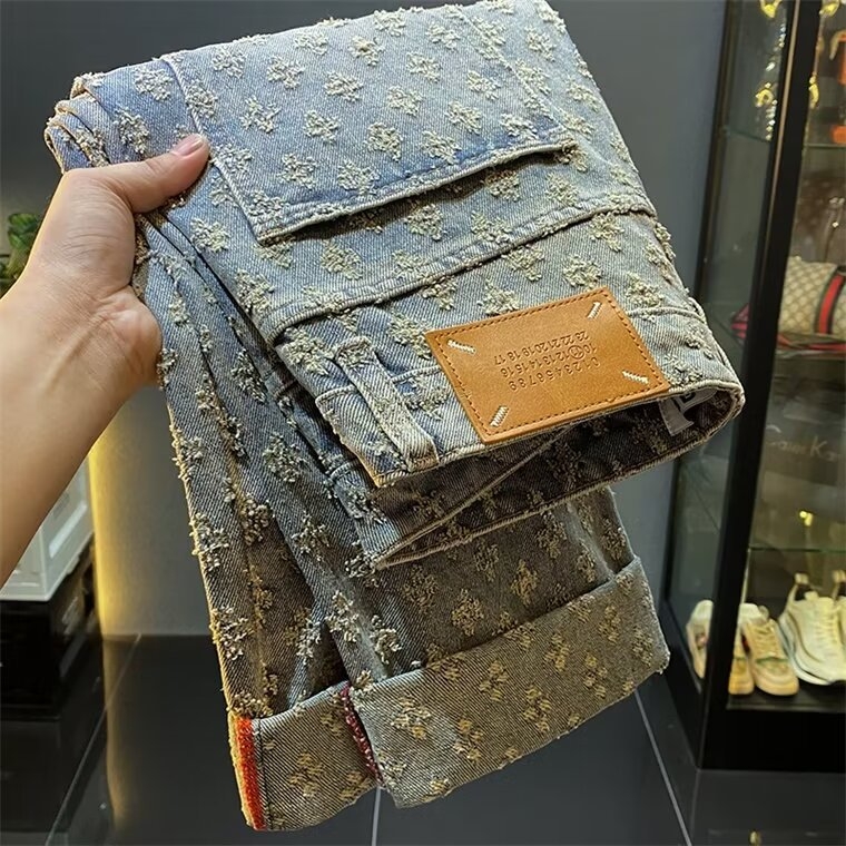 Férfi denim nadrág mosott jacquard mintával, egyenes szabás, lazán, utcai stílus tavasz-ősz