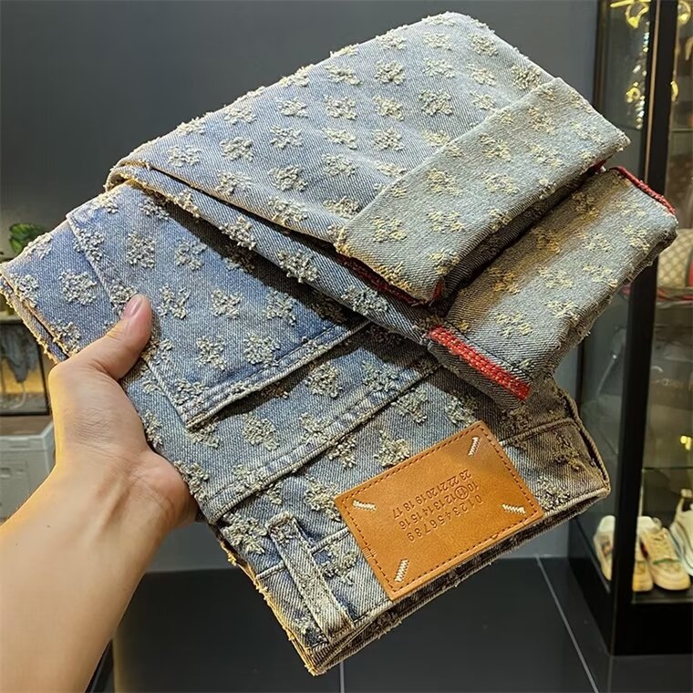 Férfi denim nadrág mosott jacquard mintával, egyenes szabás, lazán, utcai stílus tavasz-ősz