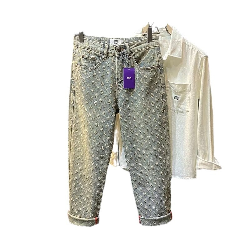 Férfi denim nadrág mosott jacquard mintával, egyenes szabás, lazán, utcai stílus tavasz-ősz