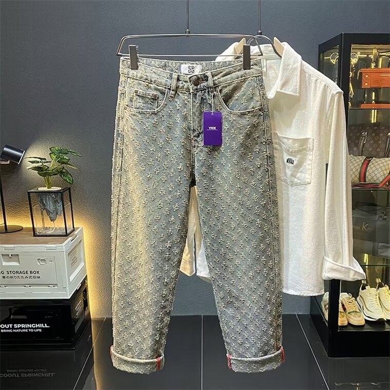 Férfi denim nadrág mosott jacquard mintával, egyenes szabás, lazán, utcai stílus tavasz-ősz