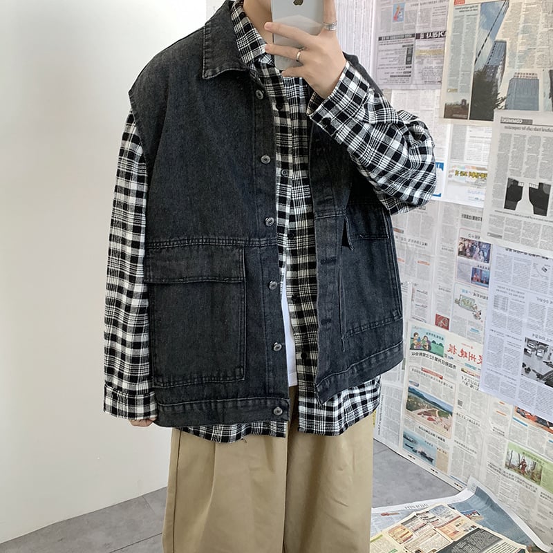 Vesta denim pentru bărbați, croială lejeră pentru primăvară, stil Hong Kong, vestă de lucru