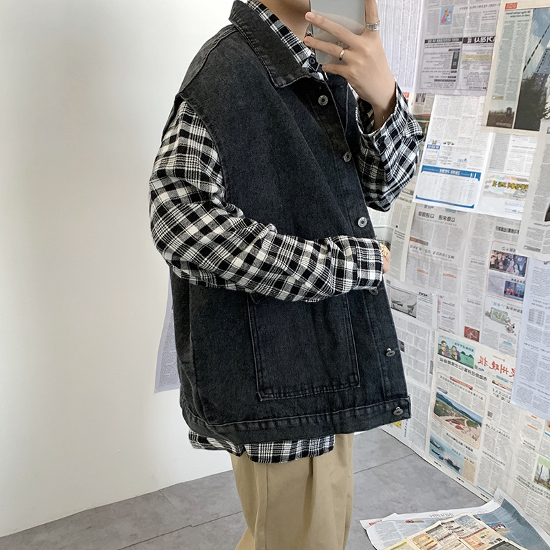 Vesta denim pentru bărbați, croială lejeră pentru primăvară, stil Hong Kong, vestă de lucru