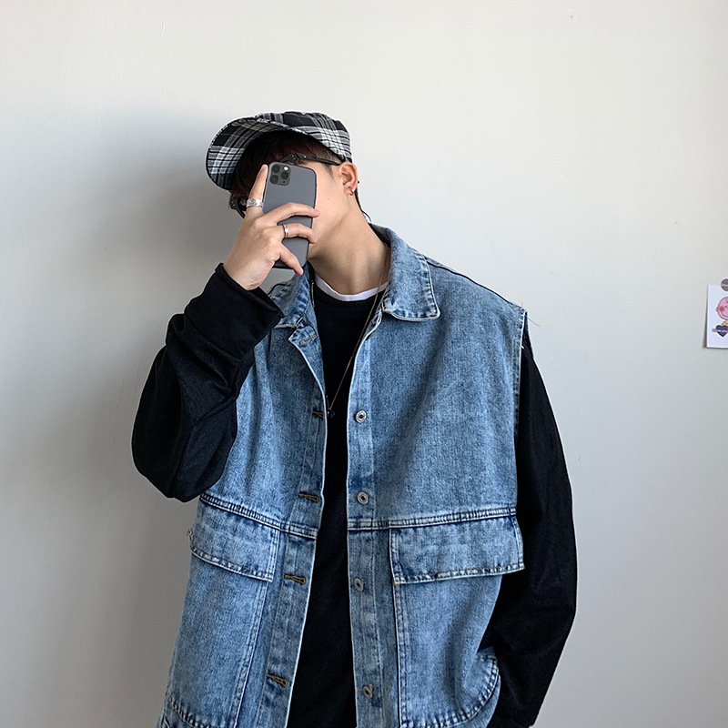 Vesta denim pentru bărbați, croială lejeră pentru primăvară, stil Hong Kong, vestă de lucru