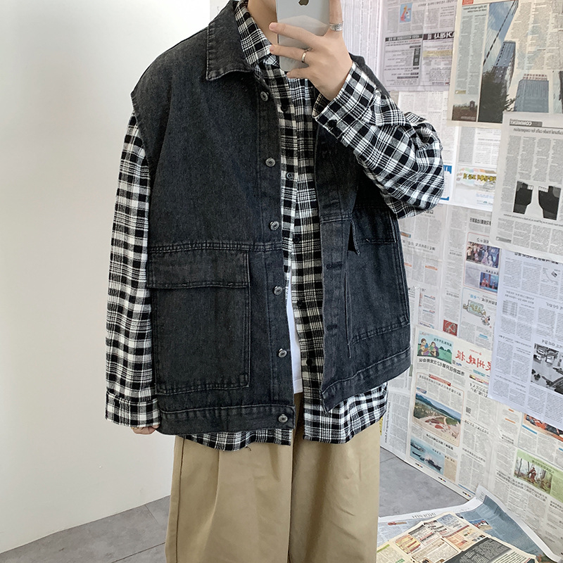 Vesta denim pentru bărbați, croială lejeră pentru primăvară, stil Hong Kong, vestă de lucru