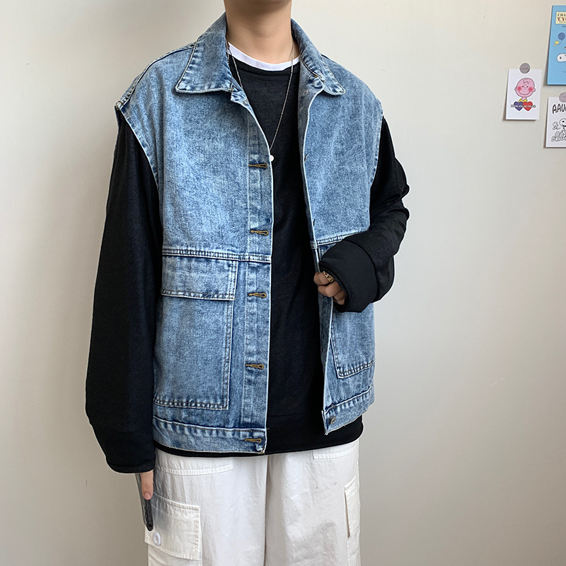 Vesta denim pentru bărbați, croială lejeră pentru primăvară, stil Hong Kong, vestă de lucru